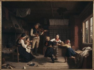 Søndag aften i et bondehus i Dalarna - søndag aften i et bondehus i Dalarna, af Lindegren, Amalia (1814-1891). olie på lærred