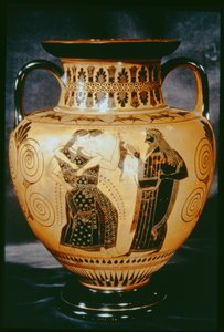Attisk sort figuramfora, der skildrer en dionysisk scene, 540-530 f.Kr. (lertøj)