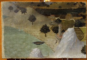 Et slot stående ved en sø - tempera på panel af Ambrogio Lorenzetti