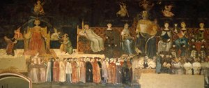 Allegory of Good Government, detaljer fra Allegory and effects of good and dårlig regering i by og land af Ambrogio Lorenzetti (aktiv 1285-1348), fresco, Hall of Peace, Palazzo Publico, Siena af Ambrogio Lorenzetti