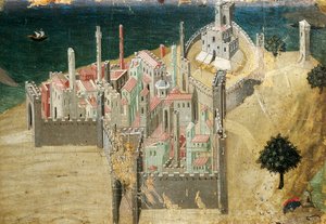 By ved havet, af Ambrogio Lorenzetti (1290-ca 1348) Tempera og guld på træ, 22,5x33,5 cm af Ambrogio Lorenzetti