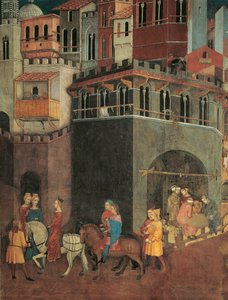 Virkningerne af god regering i byen, procession af adel på gaderne i byen, detaljer om allegori og virkninger af god og dårlig regering på by og land af Ambrogio Lorenzetti