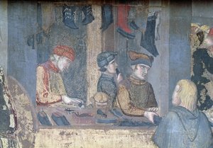 Virkninger af god regering i byen, detalje af en købmand og håndværkere i skomagerens butik af Ambrogio Lorenzetti