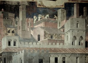 Effekter af god regering i byen, detaljer om arkitektur og konstruktion af et hus af Ambrogio Lorenzetti