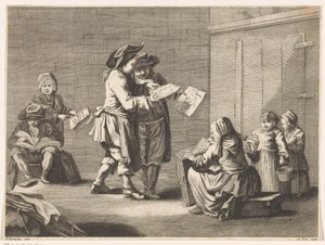 Fem mænd og kvinder ser på billeder af Ambrogio Orio