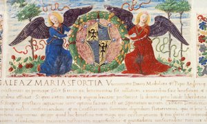 Engle holder et skjold, der forestiller et Sforza-våbenskjold, miniature af Ambrogio Bergognone fra et manuskript, Italien 1477.