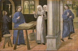 Bønnen, sigtens mirakel og afgangen til Subiaco, predella-panel fra en altertavle, der forestiller scener fra St. Benedikts liv, 1488-95