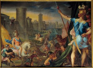 Korstogenes lejr foran Jerusalem Fra serien "" History of Tancred and Clorinde"" der illustrerer "" Jerusalem er ødelagt""" af digteren The Cup (Il tasso) Maleri af Ambroise Dubois (1542-1614) Søn . ... 1,62 x 2,15 m Springvand. Chatea