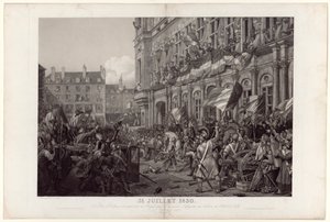 Hertugen af Orléans blev præsenteret for folket af general La Fayette på balkonen på Hôtel de Ville den 31. juli 1830. af Ambroise Louis Garneray