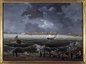 Saint Malo, af Louis Garneray, sd. ca. 1820, Olie paa Lærred, H. 0,330; L. 0,460. CCIP Coll. af Ambroise Louis Garneray