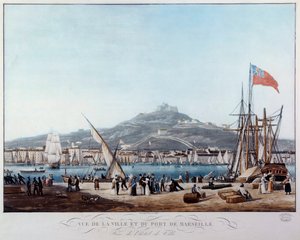 Udsigt over havnen i Marseille under restaureringsakvarellen af Ambroise Louis Garneray (1783-1857) Marseille fra det 19. århundrede, Musee de la Marine af Ambroise Louis Garneray