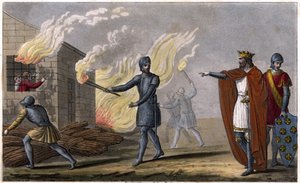 Clotaire (Clothaire) I (497 - 561) brænder sin søn Chramne i et sommerhus, gør oprør mod ham - Reign of Clotaire. Clotaire brændte i et sommerhus, hans søn Chramne gjorde oprør mod ham - Dessine et grave af Ambroise Tardieu i 1825. af Ambroise Tardieu