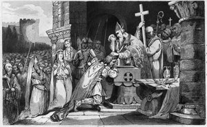 Clovis I (465-511) Døbt med mænd fra sin hær før slaget ved Tolbiac - Døb af Clovis 1., 25. december 496: le roi des Francs (466-511) bliver døbt af Saint Remi (437-533), eveque af Reims, i Saint Martin Kirke - Indgravering 1825 i "Histoi