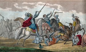 Clovis I (466-511), Frankernes konge, Merovingernes dynasti - Under slaget ved Tolbiac mod Alamanerne lovede han at konvertere til katolicismen, hvis Gud giver ham sejr - Tegn og grav af Ambroise Tardieu i 1825
