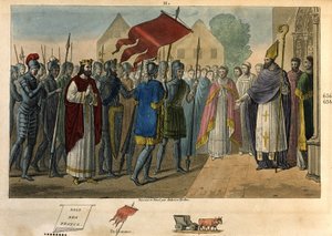 Dagobert 603 til 639 tager banneret ned ved St. Denis - Dagobert I (? - 639), Frankernes konge, Merovingernes dynasti. Han grundlagde klosteret Saint Denis, hvor han deponerede oriflamen. Tegninger og grav af Ambroise Tardieu i 1825. af Ambroise Tardieu