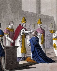 Ludvig II blev indviet anden gang ved koncilet i Troyes af Johannes VIII i 879 (detalje af 33595). Designet og indgraveret af Ambroise Tardieu i 1825. af Ambroise Tardieu
