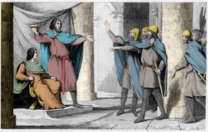 Ludvig V den Indolente viser sin krone til sine tilhængere i 986 - Louis V le Faineant (ca. 967-987), udråbt til konge af Frankrig ved beskyttelse af Hugues Capet, der blev konge af Frankrig, i 986 - Indgravering af 1825 i “ Histoire de France repræsentere af Ambroise Tardieu