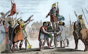 Pharamond I (c370-427), konge af frankerne. Rejst op på et skjold af sit folk, der har valgt ham til konge - Pharamond, anerkendt af francs-salianerne og gallerne genforenet i ét folk, bliver rejst på et skjold og går rundt i lejren i triumf - Legen