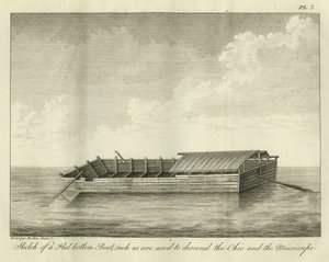 Skitse af en fladbundet båd, sådan som bruges til at sejle ned i Ohio og Mississippi, udgivet i 1826 af Ambroise Tardieu