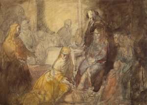 Maria Magdalene salver Kristi fødder (blyant og akvarel)