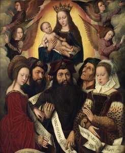 Hollandsk: Maria med barn omgivet af engle, profeter og sibyller Deipara Virgo af Ambrosius Benson
