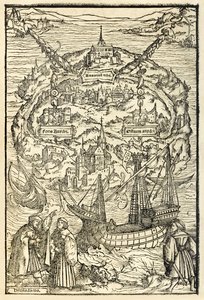 Kort over den nye ø Utopia fra en 1518-udgave af Utopia af Sir Thomas More (1478-1535), første gang udgivet i 1516. Træsnit af Ambrosius Holbein (ca. 1494-c. 1519), der viser øen med hovedpersoner