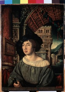 ""Portræt af en ung mand"" En karakter af høj rang, i indretning i renæssancestil. Maleri af Ambrosius Holbein (1494-omkring 1520) 1518 Dim. 44x32,5 cm Eremitagemuseet, Sankt Petersborg
