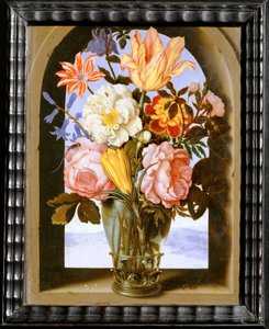 Blomsterbuket i en stenbue, der åbner sig mod en ... af Ambrosius II Bosschaert