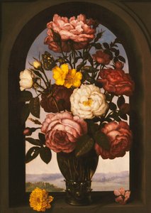 Roser i en Roemer med en turban-smørblomst og et sobrød i en kasse, et flodlandskab hinsides, af Ambrosius the Elder Bosschaert