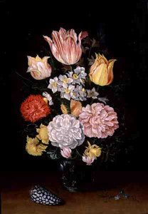 Stilleben af blomster med en skal (olie på panel)