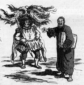 Glæden ved at Rabelais ser Gustave Dore identificerer sig fuldt ud med mændene i hans forfatterskab. Tegnefilm af Cham. Indgravering i "" Le Monde Illustré"" nr. 821 af 4. januar af Amédée de Noé