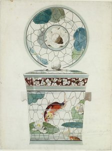 Design til et overdækket fad i Service au Filet Fish Net Ware..., 1875-85. af Amédée de Caranza.