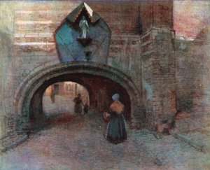 Buegang under Vieille Boucherie, Antwerpen (farvelitografi)