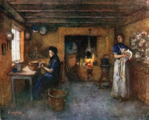 Interiør af et bondehus, Duinhoek (farvelitografi)