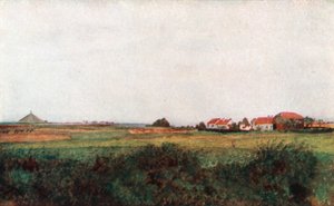 La Belle Alliance-gården og højen med den belgiske løve, Waterloo (farvelitografi)