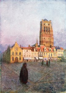 Tower of St Nicholas, Furnes (farvelitografi) af Amedee (after) Forestier