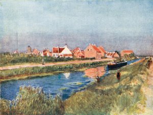 Landsby og kanal, Adinkerque (farvelitografi)