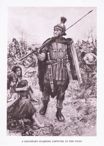 En legionær, der bevogter fanger på en mark, illustration fra The Roman Soldier, 1928 af Amedee Forestier