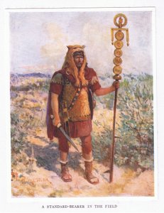 En fanebærer i marken, illustration fra The Roman Soldier, 1928 af Amedee Forestier