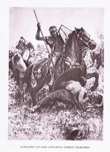 Hjælpekavaleri angriber tyske stammefolk, illustration fra The Roman Soldier, 1928