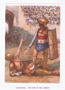 Gladiatorer, slutningen af kampen, illustration fra The Roman Soldier, 1928 af Amedee Forestier