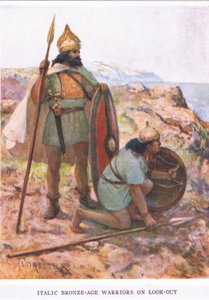 Kursiv bronzealderkrigere på udkig, illustration fra 