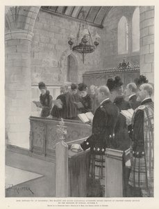 Kong Edward VII i Balmoral, Hans Majestæt og Dronning Alexandra deltager i gudstjeneste i Crathie Parish Church om morgenen søndag den 6. oktober af Amedee Forestier