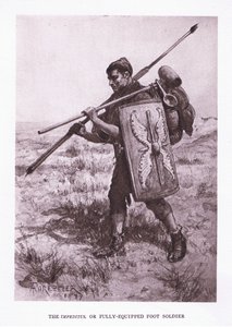 Impeditus eller fuldt udstyret fodsoldat, illustration fra The Roman Soldier, 1928