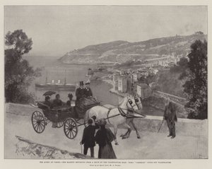Dronningen i Cimiez, Hendes Majestæt vender tilbage fra en køretur ad Villefranche-vejen, HMS Cambrian ligger ud for Villefranche af Amedee Forestier