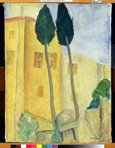 Cyprestræer og hus, 1919 af Amedeo Modigliani