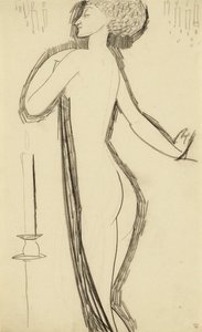 Stående kvinde nøgen i profil med tændt stearinlys, ca. 1911