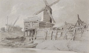 Vindmølle og bådeværft, ca. 1803 (kul, blyant og vask)
