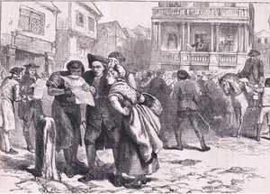 Bostonianere læser Stamp Act, illustration fra Cassells History of the United States udgivet af Cassell, Petter & Galpin, ca. 1900 (litho)