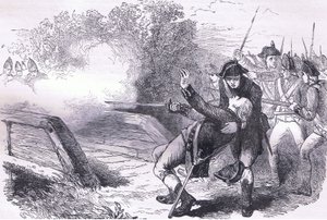 Death of Isaac Davis, illustration fra Cassells History of the United States udgivet af Cassell, Petter & Galpin, ca. 1900 (litho)